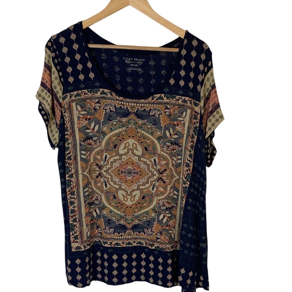 Lucky Brand‎ Women's Multicolor Bohemian Short Sleeve Blouse Top Size 2X Navy